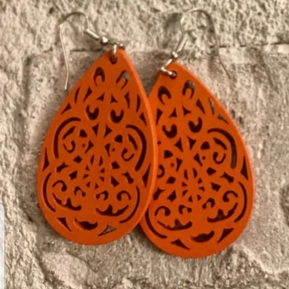 Beautiful Orange Oblong Wooden Earrings - Picture 2 of 2